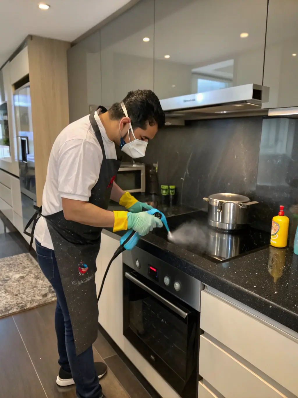 A close-up shot of a cleaning professional carefully wiping down a kitchen counter, showcasing attention to detail and a commitment to cleanliness.