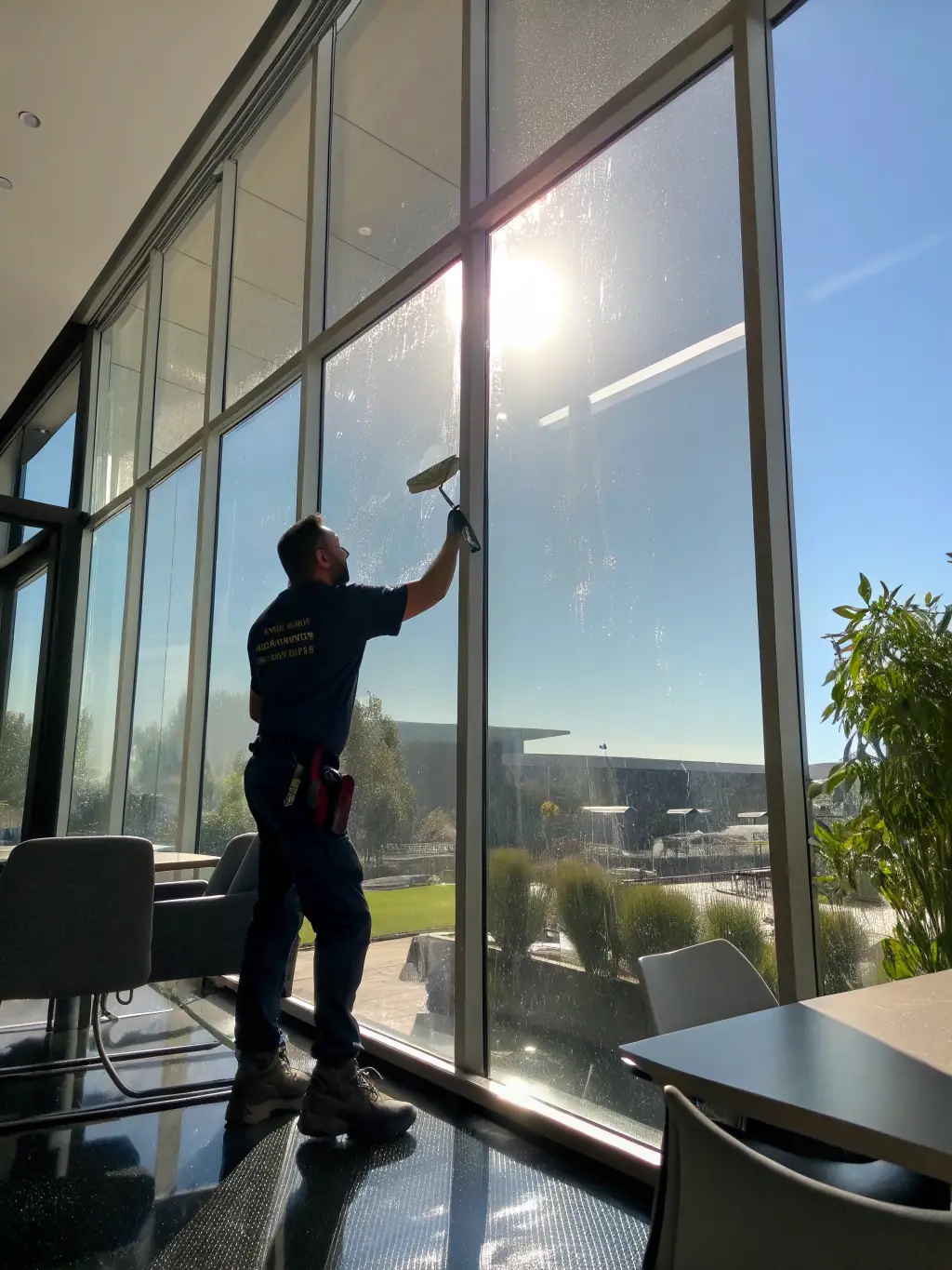 A cleaner using professional-grade equipment to clean a large office window, emphasizing the use of advanced technology for superior results.