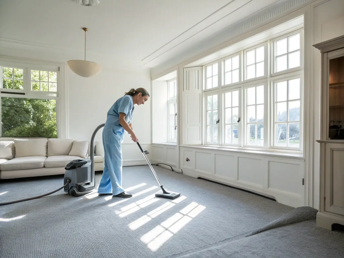 A CleanDays professional using specialized equipment to perform a deep clean of a post-construction site, removing dust and debris to reveal a pristine space.