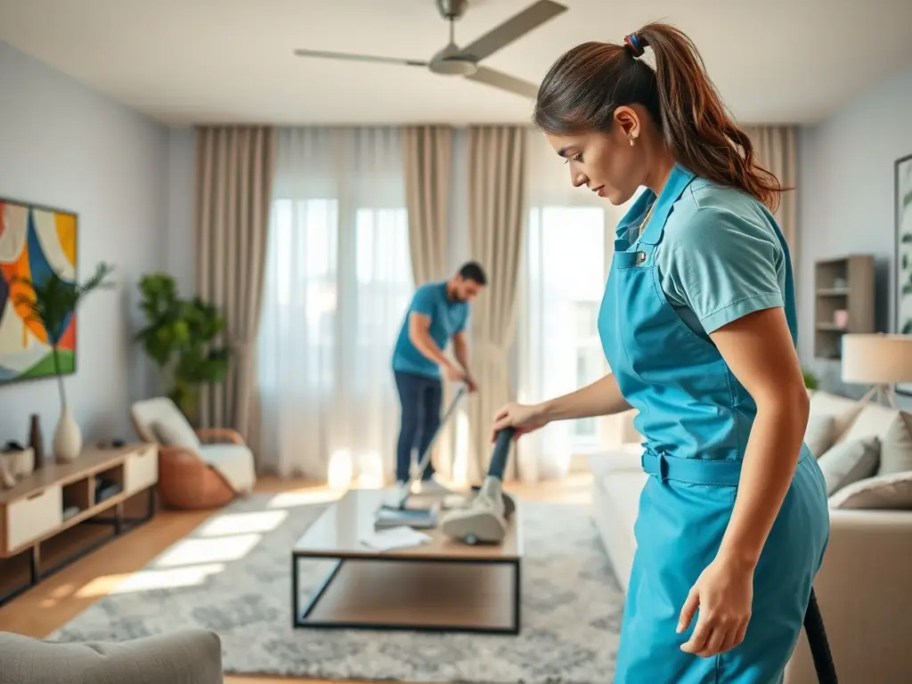 A brightly lit, modern apartment living room being thoroughly cleaned by a CleanDays professional, showcasing attention to detail and a spotless finish.
